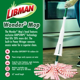 Libman Wonder Mop Plus 3 Refills, Self-Wringing, Absorbent, Microfiber Floor Mop for Household Multi-Surface Cleaning, 3 Machine Washable Replacement Heads