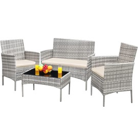Greesum Patio Furniture 4 Pieces Conversation Sets Outdoor Wickerr Rattan Chairs Garden Backyard Balcony Porch Poolside loveseat with Soft Cushion and Glass Table, Gray and Beige