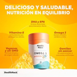 Health Hack Omega 3 en Gomitas, 1000 mg de Aceite con 500 mg DHA y 200 mg EPA por Porción, Sabor Piña, Sin Azúcar y Sin Colorantes Artificiales, 180 G