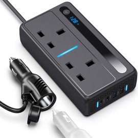 Amacam 300W Power Inverter DC 12V to AC 240V - Car Voltage Converter with 2 UK Sockets. 2 USB Ports & 2 Type-C Ports. Portable Emergency Backup Power Supply for Cars-Camping-Travel