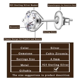 Moissanite Earrings, 18K White Gold Plated Silver Moissanite Stud Earrings 1.6ct 6mm D Color Round 3 Prong Lab Created Diamond Earrings 925 Sterling Silver Earrings for Women Men Push Back