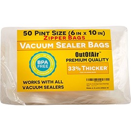 50 Zipper Vacuum Sealer Bags: Pint Size (6" x 10") - OutOfAir Vacuum Seal Zip Bags, Works with FoodSaver & Other Savers, 33% Thicker BPA Free Commercial Grade Great for Snacks On The Go