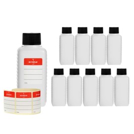 Octopus 10 x 100 ml Kunststoffflaschen, HDPE Plastikflaschen mit schwarzen Schraubverschlüssen, Leerflaschen mit schwarzen Schraubdeckeln, Vierkantflaschen inkl. 10 Beschriftungsetiketten