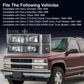 RUIANOMG Headlights Assembly Replacement For Chevy Silverado Suburban Tahoe C10 C/K 1500 C2500 C3500 1994-1998, Black With Amber Reflector