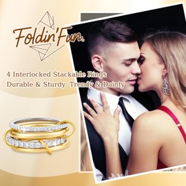 Foldin'Fun Rings Set With CZ 18K Gold Plated and Silver Stackable Rings for Women, Interlocked Stacking Two Tone Mixed Metal Womens Link Ring Stack Jewelry (4 Rings Set, 6)