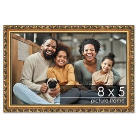 Poster Palooza 8x5 Inch Traditional Gold Complete Wood Picture Frame with UV Acrylic Plexiglass, Foam Board Backing & Hardware Included - 8x5 Inch Frame