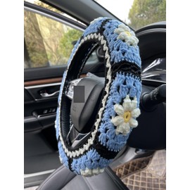 YDMZZB Crochet Daisy Steering Wheel Cover, Handmade Steering Wheel Cover for Women,Cute Steering Wheel Cover,Car Accessories (Blue Steering Wheel Cover)