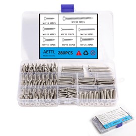 AETTL 280PCS M5 M4 M3 Wood Screws Assortment Kit, Flat Head Stainless Steel Small Self Tapping Screw Assorted Set for Deck Door Cabinet