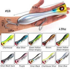 Dr.Fish Topwater Saltwater Popper Fishing Lures, 8 Inches GT Popper VMC Treble Hooks Surf Fishing Lures for Striper Tuna Bluefish Pencil Popper Fishing Plugs Offshore Lures Silver Black Back