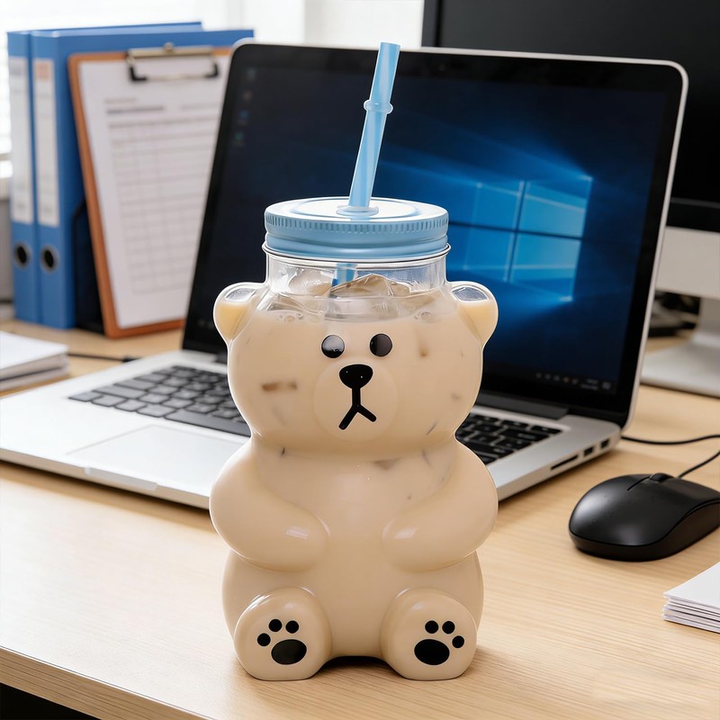 Kawaii Bear Sippy Cup 19oz, Clear Bear Glass Cup with