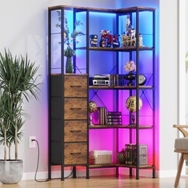 AFLUI Corner Bookshelf with LED Light Strips & 4 Fabric Drawers, 5-Tier Convertible Corner Shelf with Display Shelf, Large Wood Industrial Bookcase for Living Room, Bedroom, Home Office, Rustic Brown