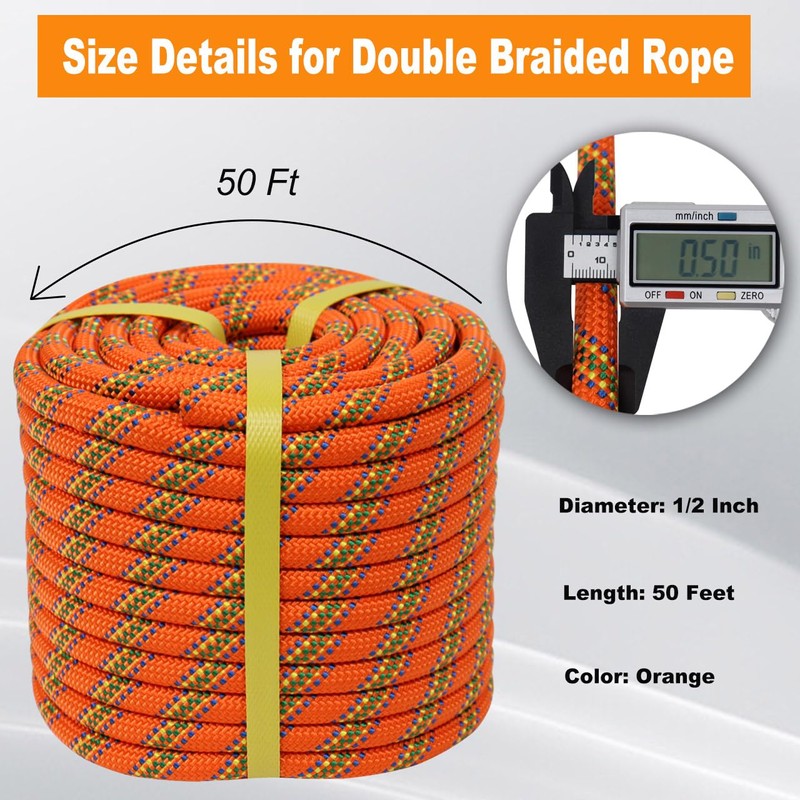 Double Braided Arborist Rope -1/2 Inch x 50 Feet Polyester