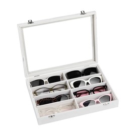 Frebeauty Sunglass Organizer,Velvet Glasses Organizer,8-Slot Sunglasses Tray with Clear Lid,Men's/Women's Sunglasses Box,Sunglass Case,13.3 x 9.6 x 2.2 Inches,Eyeglass/Eyewear Display Tray(White)