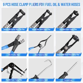9pcs Wire Long Reach Hose Clamp Pliers Set Fuel Oil Water Hose Auto Tools, Automotive Long Reach Hose Clamp Remover Kit with Flexible Wire Clic R Type Swivel Jaw Flat Band Pliers Case, Blue