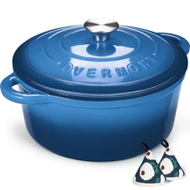 Overmont Enameled Cast Iron Dutch Oven - 7QT Pot with Lid Cookbook & Cotton Potholders - Heavy-Duty Cookware for Braising, Stews, Roasting, Bread Baking blue