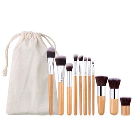 Wooden Makeup Brush Set 11-Piece with Linen Pouch Linen Pouch + 11-Piece Wood Makeup Brush Set