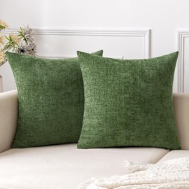 EMEMA Summer Couch Pillow Covers Pack of 2 Square Throw Pillow Covers 18x18 Inch Soft Chenille Decorative Modern Solid Dyed Pillowcases Cushion Cover Moss Green(Only Covers)