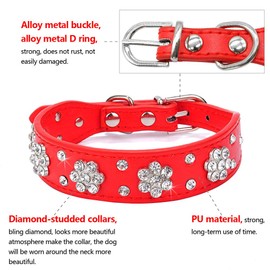 Serijoars Rhinestone Dog Collar - Cute Flower Bling PU Leather Collar for Cats and Dogs, Adjustable Sizes XS Small Medium (M, Yellow)