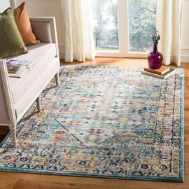 Safavieh Monaco Collection MNC255M Boho Chic Oriental Distressed Area Rug, 9' x 9' Square, Blue / Light Grey