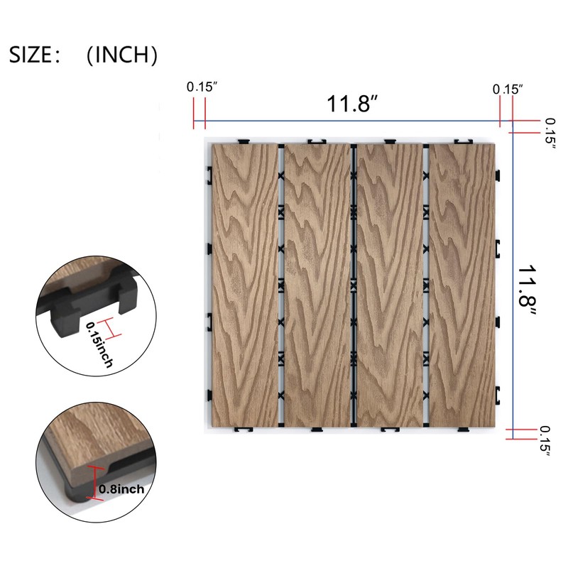 11 PCS Wood Plastic Composite Interlocking Deck Tiles 12" x