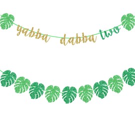 Safari Jungle 2nd Birthday Decorations Gold and Green Glitter Yabba Dabba Two Party Banner for Two Wild/Born Two be Wild/Jungle Animals/Woodland Themed Boys 2nd Bday Party Supplies Decorations