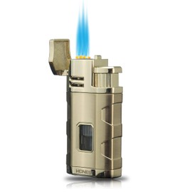 Metal Lighter Triple Jet Flame Refillable Butane Lighter Windproof Lighters with Punch Rest Holder - Butane Not Included (Gold)