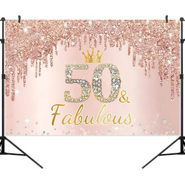 Canessioa 10x8ft Happy 50th Birthday Backdrop, Pink Rose Gold Fabulous Fifty Photography Decoration, 50 Years Old Bday Background, Rose Gold Pink Party Decor Gift for Her
