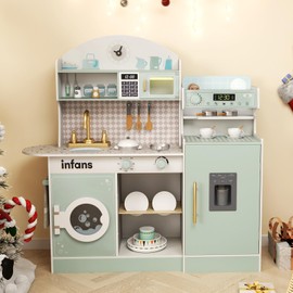 INFANS Kids Kitchen Playset, Toddler Wooden Kitchen Pretend Cooking Toy Set with Coffee Maker Ice Machine Dishwasher Microwave Storage Cabinet, Simulation Play Kitchen for Boys Girls 3+ (Blue)