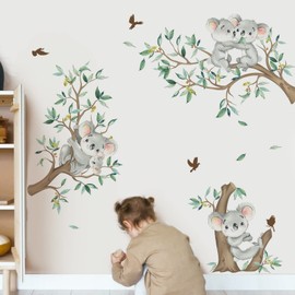 decalmile Koala Tree Branch Wall Decals Green Tree Leaves Wall Stickers Baby Nursery Kids Bedroom Living Room Wall Decor