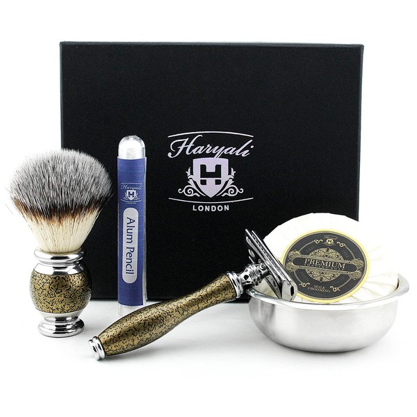 Vintage Style Men's Shaving & Grooming Set ft Synthetic Brush, DE Safety (Blades NOT Included), Engraved Bowl & Soap