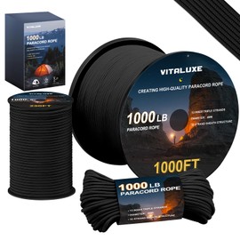 VITALUXE 1000Ib Paracord Rope, Tactical Parachute Cord with 12 Triple Strands, Heavy Duty Survival Gear for Camping, Hiking, Ideal for Bracelets, Lanyards, Diameter: 4MM, 500FT, Black