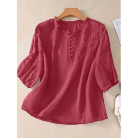 Loose Women's Summer Tops Casual Shortsleeved Large Size Shirts with Embroidery Breathable Shirts for WomenColor: Rose, Size: L