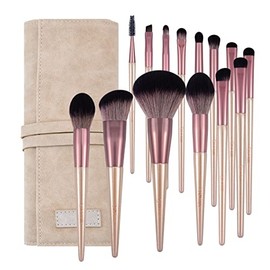 DUcare Juego de 14 brochas de maquillaje sintéticas de alta calidad Kabuki en polvo, base, contorno, corrector, sombra de ojos, color oro rosa, con bolsa