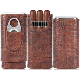 3 cigars Cedar Wood Lined Portable Cigar Humidor Box with Cigar Cutter Elegant Cigar Box Great Cigar Accessories ，brown leather with crocodile texture. perfect for cigar aficionados Father's Day Gifts