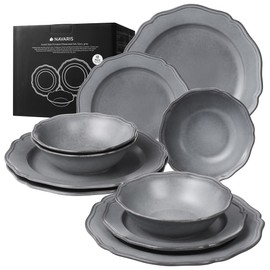Navaris Scandi Style Porcelain Dinnerware Set - Ceramic Crockery Sets for 4 - Stackable Dishes with Dinner and Salad Plates Cereal Bowls - Dishwasher & Microwave Safe - 12pcs Grey