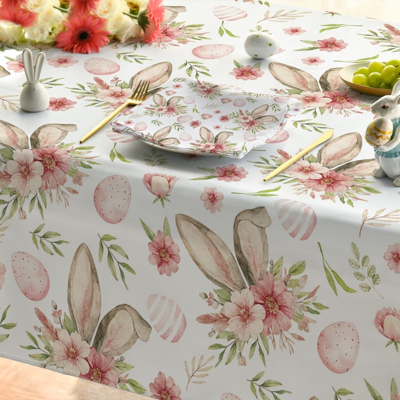 Horaldaily Easter Tablecloth 52×70 Inch Rectangular, Bunny Ear Flowers Spring