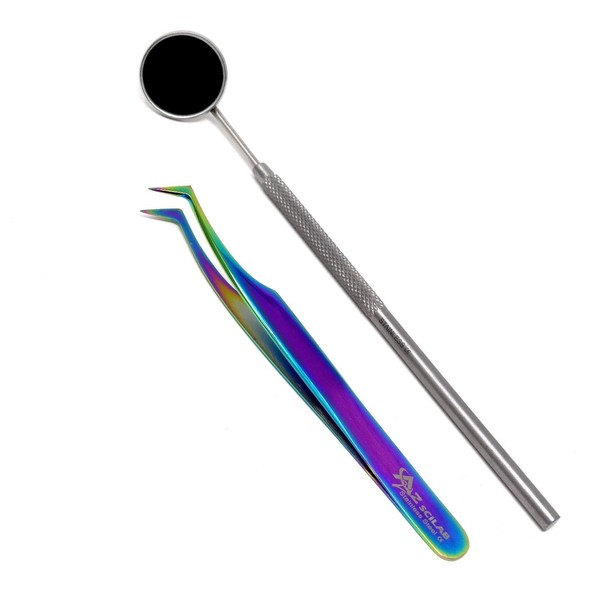 Stainless Steel 3D 5D 6D Volume False Eyelash Extension Tweezers Semi Angled, Multi Rainbow Color, With Free Mirror, Premium Quality