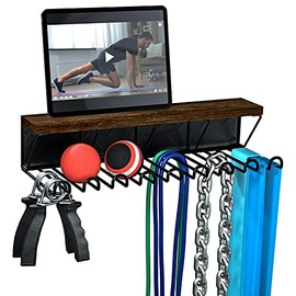 J JACKCUBE DESIGN Gym Storage Rack Organizer for Workout Equipments, Fitness Gears, Resistance Bands, Lifting Belts Rack Holder with 9 Heavy Duty Metal Hooks and Wood Shelf- MK713A