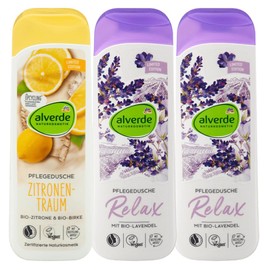 alverde Natural Cosmetics Set of 3 Body Care: Shower Gel Lemon Dream pH Neutral Summer Refreshing Citrus Fragrance 250 ml + Relax Pure Relaxation Shower Gel with Lavender 2 x 250 ml (750 ml)