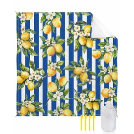 Gsypo Lemon Beach Blanket Waterproof Sandproof 83"x79", Summer Blue Stripes Oversized Beach Mat with 4 Corner Sand Pocket & 4 Stakes, Compact Outdoor Picnic Mat for Camping Travel Festivals