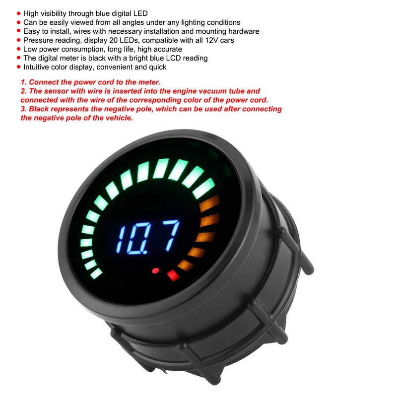 2in Car Voltmeter with LED Digital Display Vacuum Pressure Gauge