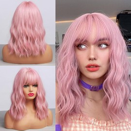 Pink Wig for Women, 12 Inch Pink Bob Wig with Bangs, Light Pink Short Wavy Wigs for Costume Cosplay