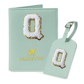 COSHAYSOO Green Passport Cover and Luggage Tag Set TSA Approved with Her Initial Chenille Letter Patch for Big Little Girls Sister Daughter, Hawaii Travel Bag Backpack Suitcase Identifier (Q)