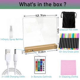 Wireless Acrylic Dry Erase with Light,12 x 10 Light up Clear Desktop Whiteboard with Stand,Glowing Acrylic Message Board with 24 Keys Ir Remote Controller and 12 Liquid Chalks for Office