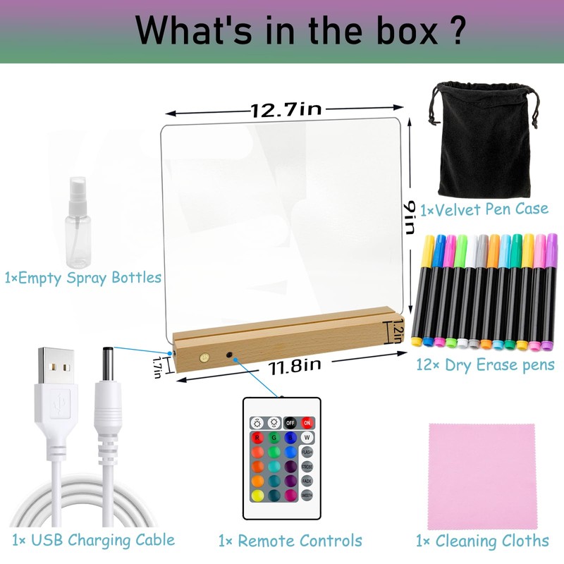 Wireless Acrylic Dry Erase with Light,12 x 10 Light up