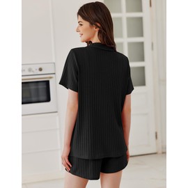 Ekouaer Pajamas 2 Piece Lounge Sets Ribbed Knit Sleepwear Button Down Loungewear Shorts pjs Summer Outfit,Black,S