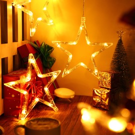 Tujoe 12 Pcs Christmas Window Lights Decorations Light up Window Silhouette Lights with Timer Suction Cup Battery Operated for Xmas Holiday New Year Outdoor Indoor Decor(Star,Warm White)