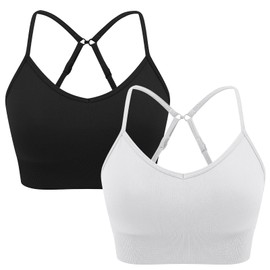 ANGOOL Women's Sports Bra Without Underwire Adjustable Spaghetti Straps Sports Bustier Women's Padded Seamless Convertible to Crossback, Black+white, S