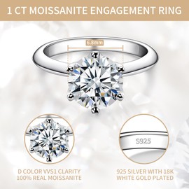 BDL 1ct Moissanite Engagement Solitaire Rings for Women Promise Round Cut 925 Sterling Silver Rings Anniversary Jewelry Gifts, Gemstone, Moissanite