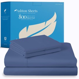 Ashton Sheets 100% Egyptian Cotton Sheets Full Size - 800 Thread Count 4 PC Deep Pocket Full Size Sheets Set, Silky Soft Cooling Sateen Weave Luxury Hotel Sheets, Fits Mattress Upto 18" - Deep Blue